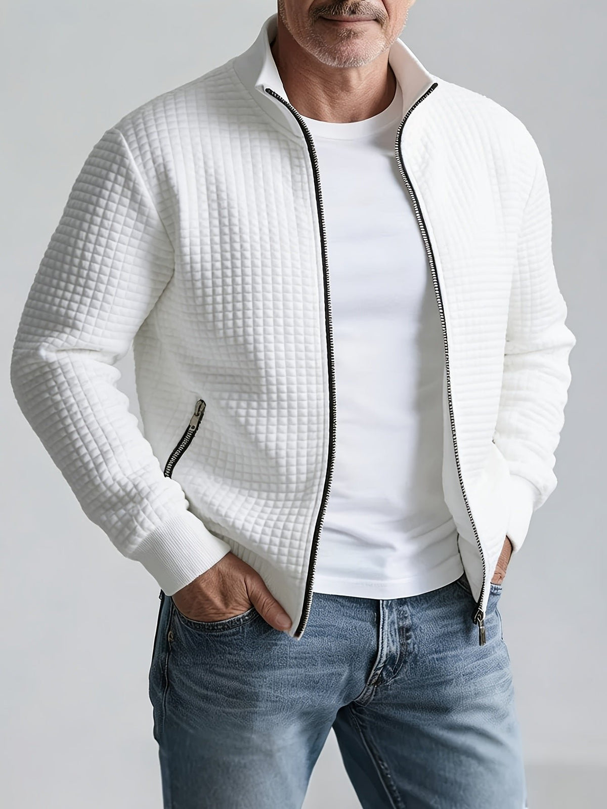 Men's Quilted Zip-Up Bomber Jacket - White