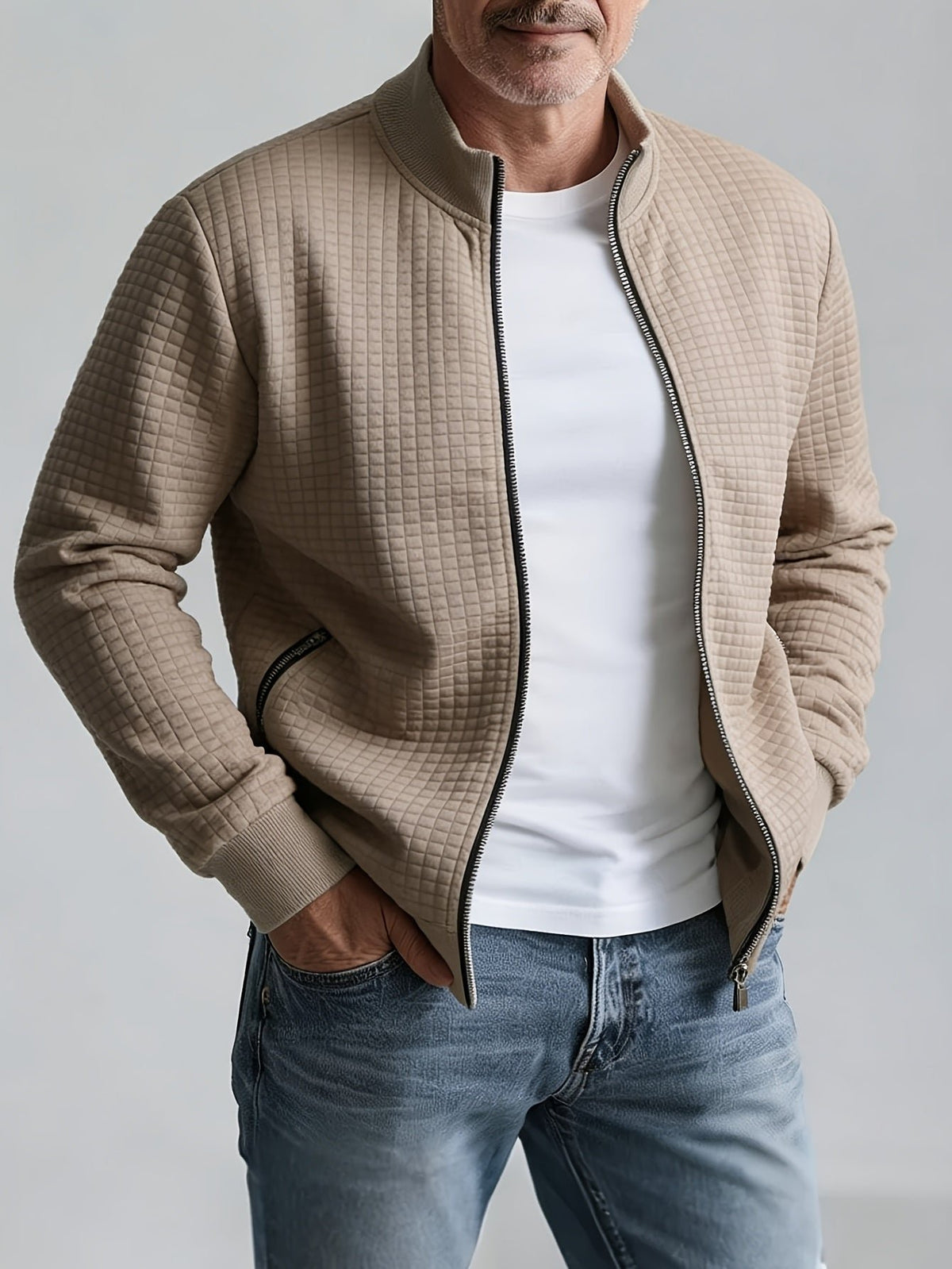 Men's Quilted Zip-Up Bomber Jacket - Tan