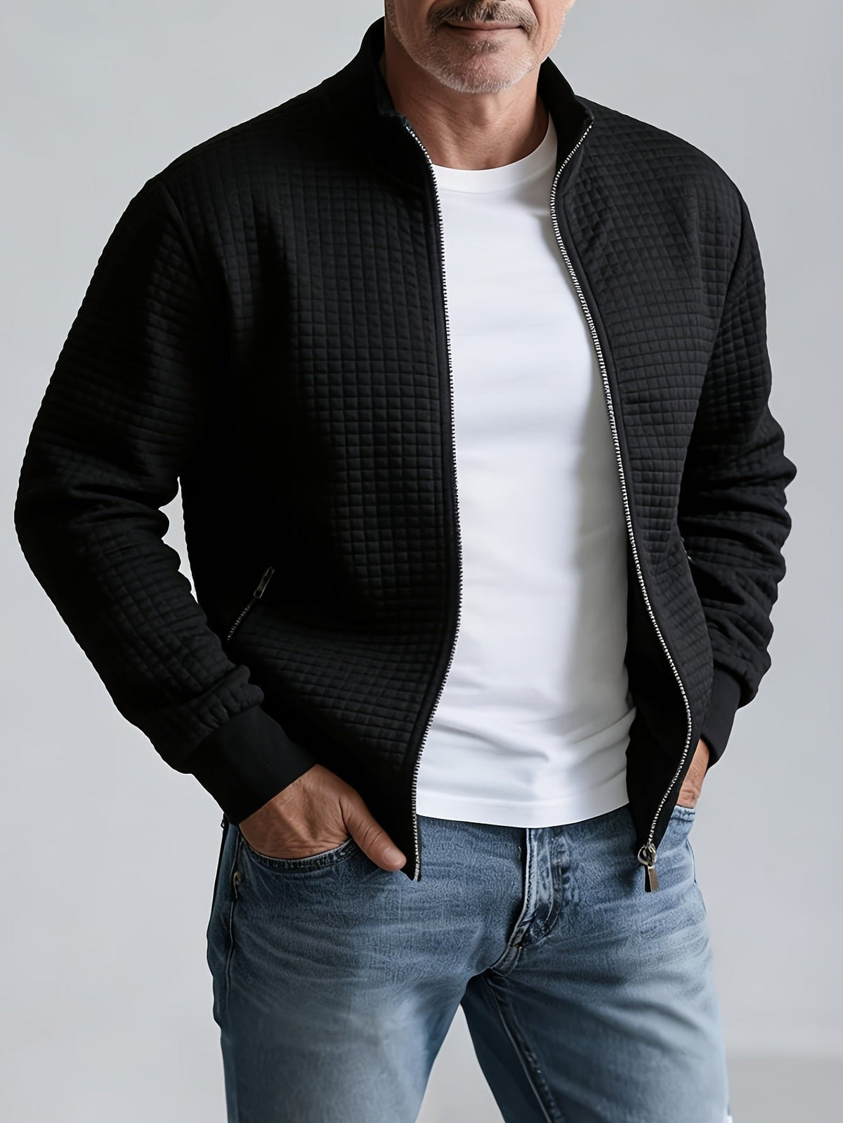 Men's Quilted Zip-Up Bomber Jacket - Black