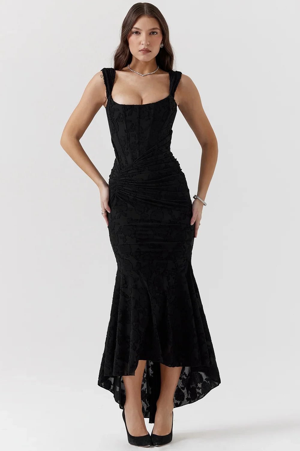 Women's Floral Bodycon Square Neck Dress - Black