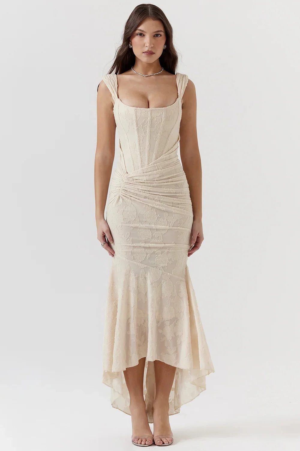 Women's Floral Bodycon Square Neck Dress - Cream