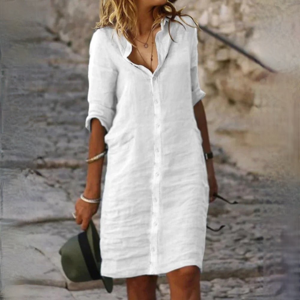 Women's Long Sleeve Linen Button-Down Shirt Dress - White