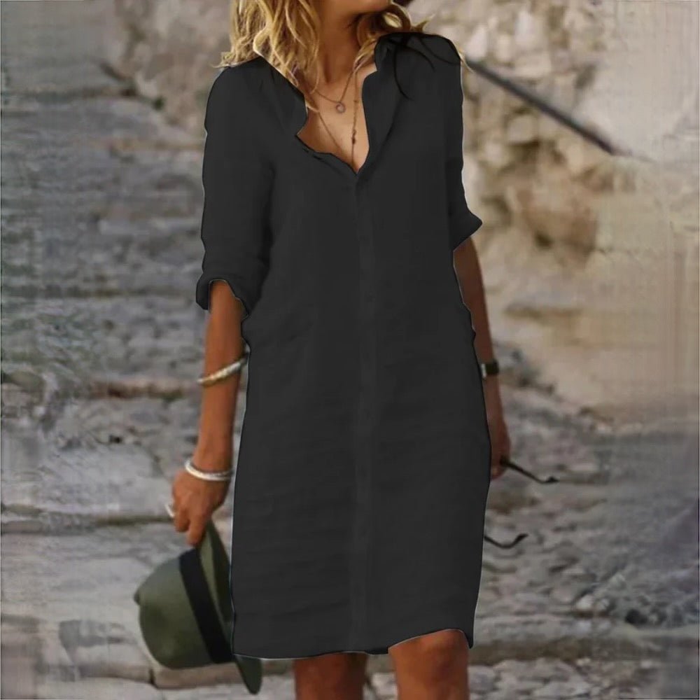 Women's Long Sleeve Linen Button-Down Shirt Dress - Black