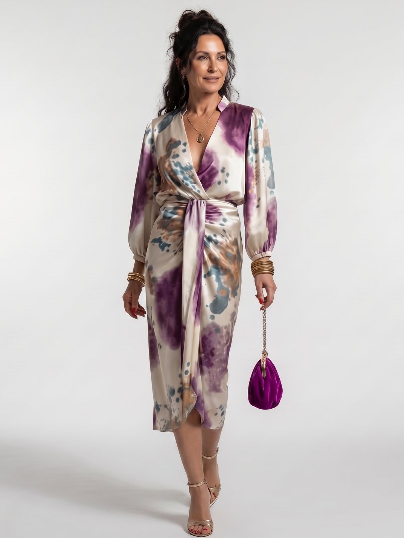 Women's Satin Tie-Dye Wrap Dress - MultiColour