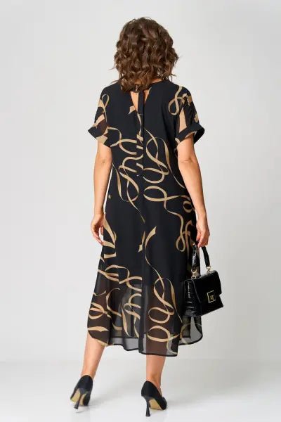 Women's Black V-Neck Chiffon Midi Dress