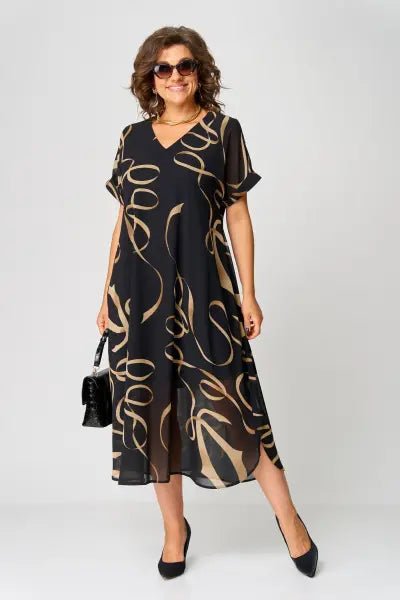 Women's Black V-Neck Chiffon Midi Dress