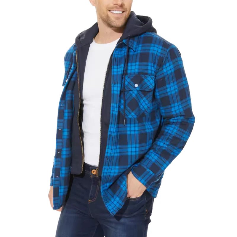 Men's Plaid Flannel Hooded Jacket - Navy Blue