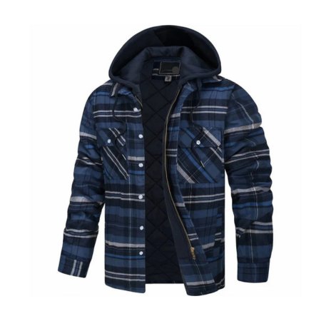 Men's Plaid Flannel Hooded Jacket - Dark Blue