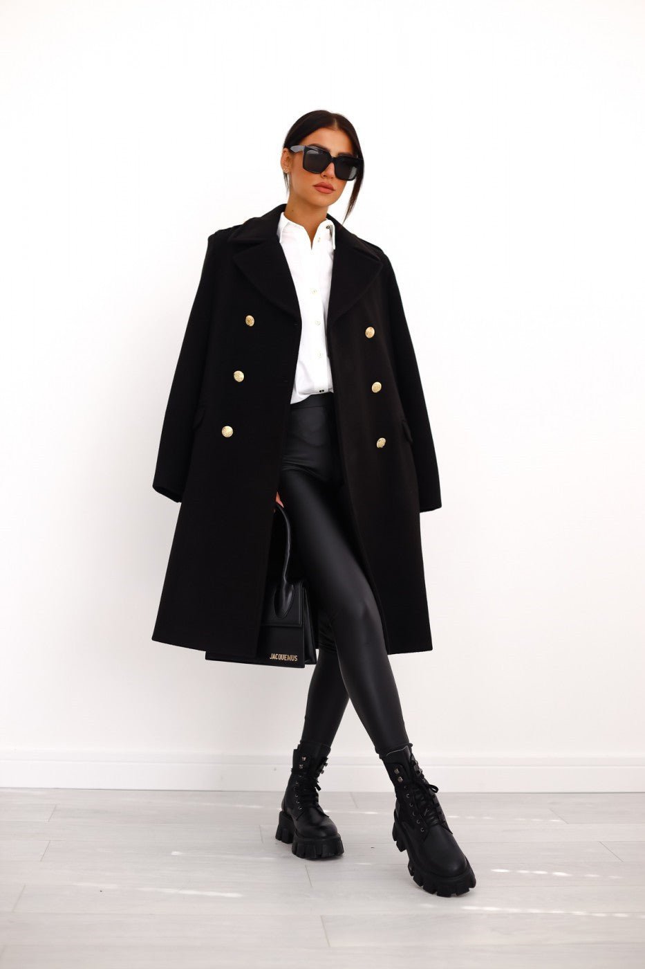 Women's Double-Breasted Wool Coat - Black