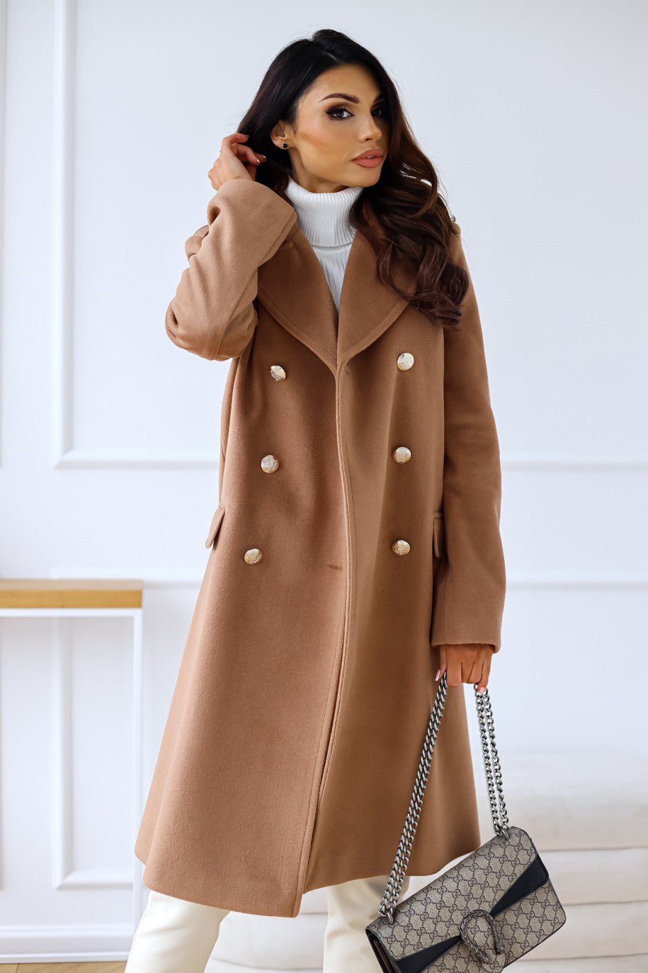 Women's Double-Breasted Wool Coat - Brown