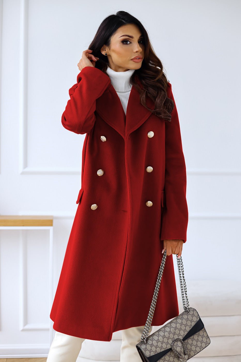 Women's Double-Breasted Wool Coat - Red