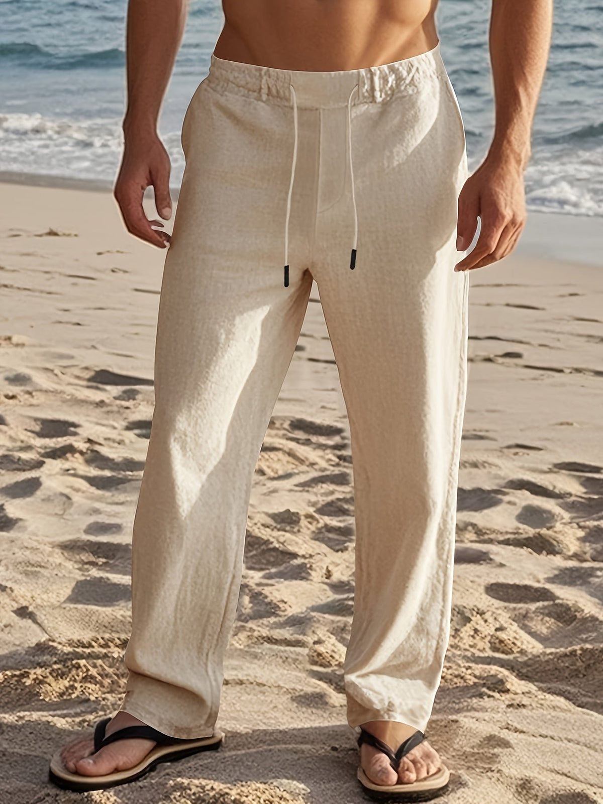 Men's Straight Drawstring Beach Trousers - Beige
