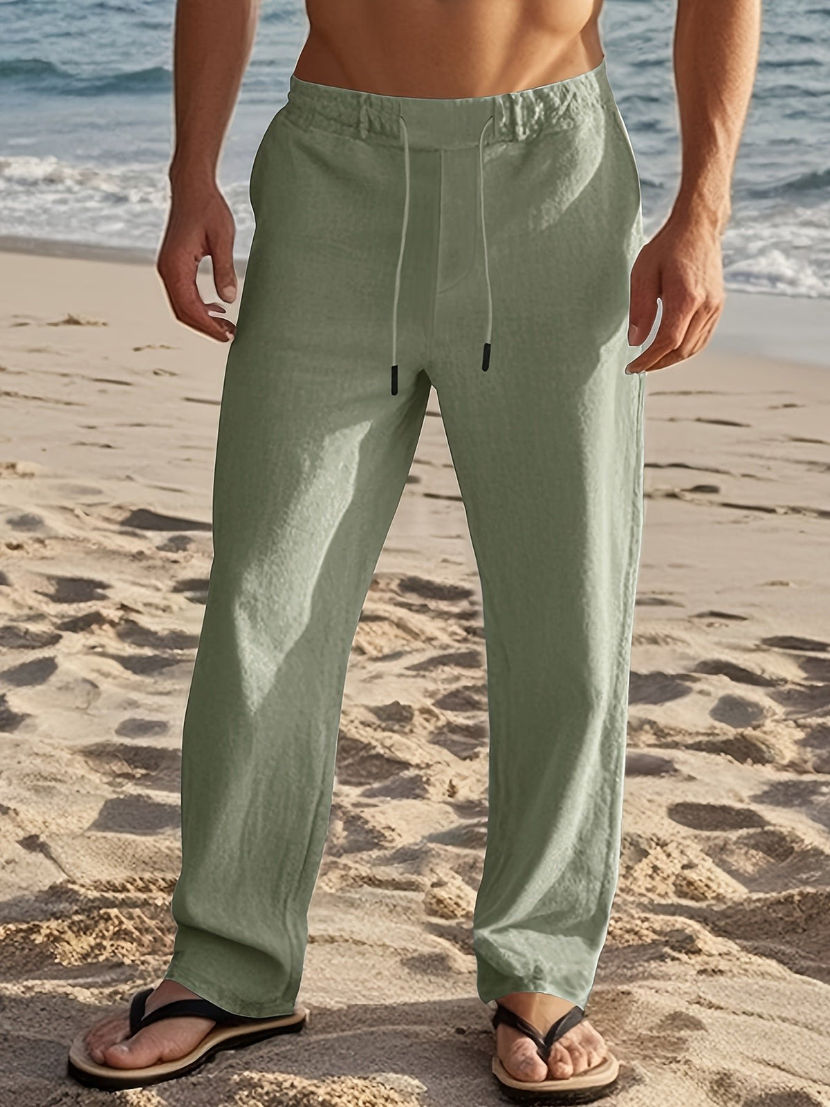 Men's Straight Drawstring Beach Trousers - Green