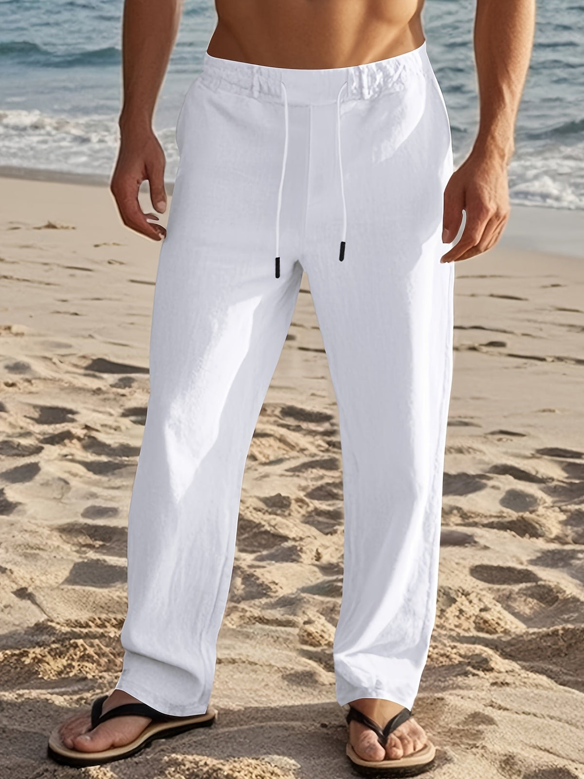 Men's Straight Drawstring Beach Trousers - White