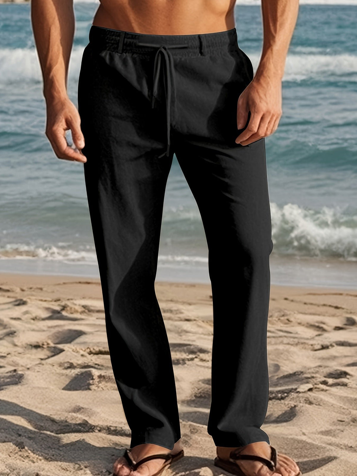Men's Straight Drawstring Beach Trousers - Black