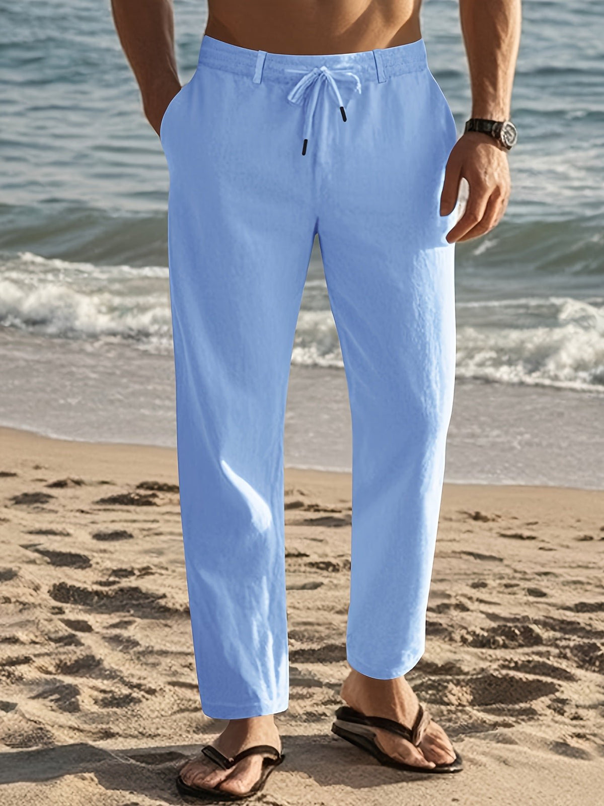 Men's Straight Drawstring Beach Trousers - Light Blue