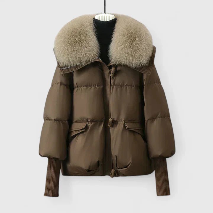 Women's Oversized Fur-Collar Puffer Jacket - Brown