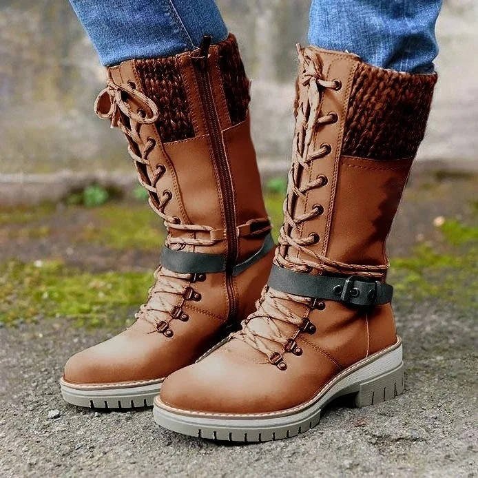 Women's Faux Leather Combat Ankle Boots - Brown