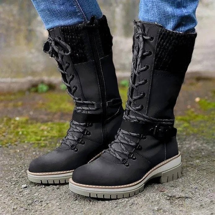 Women's Faux Leather Combat Ankle Boots - Black