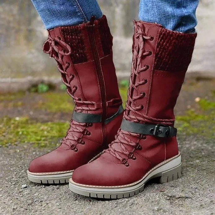 Women's Faux Leather Combat Ankle Boots - Red