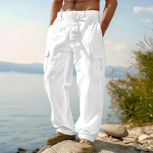 Men's Drawstring Linen Cargo Trousers - White