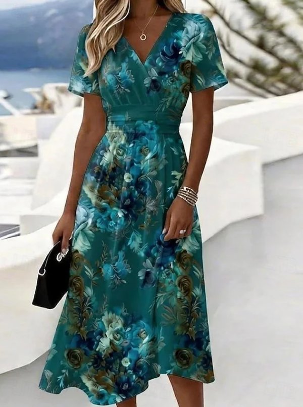 Women's Satin V-Neck Midi Dress - Green
