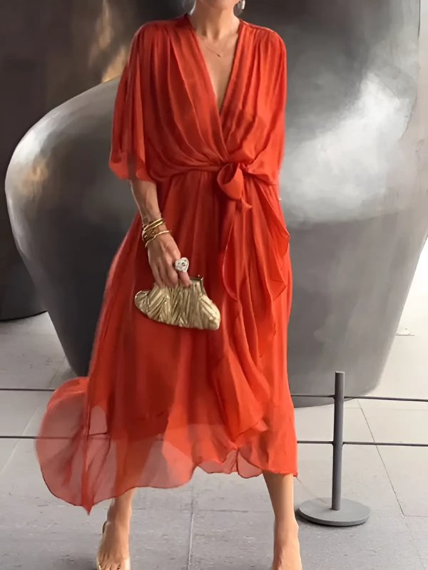 Women's Black V-Neck Chiffon Midi Dress - Red Orange