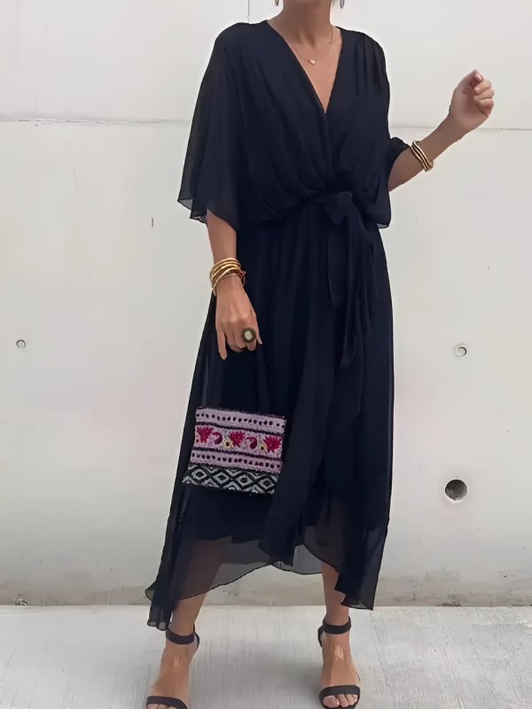 Women's Black V-Neck Chiffon Midi Dress - Black