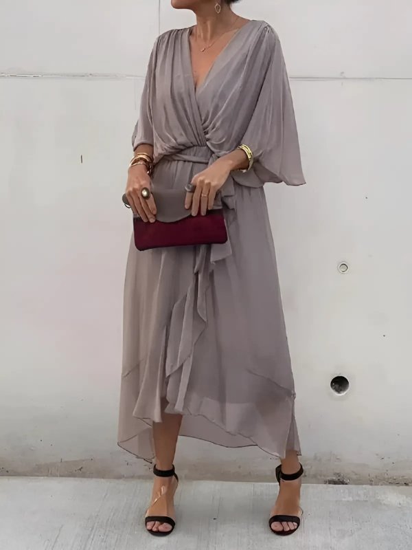 Women's Black V-Neck Chiffon Midi Dress - Gray