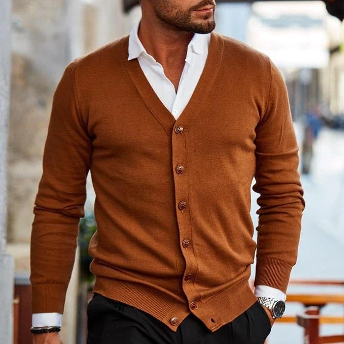 Men's Slim Knit V-Neck Cardigan - Light Brown