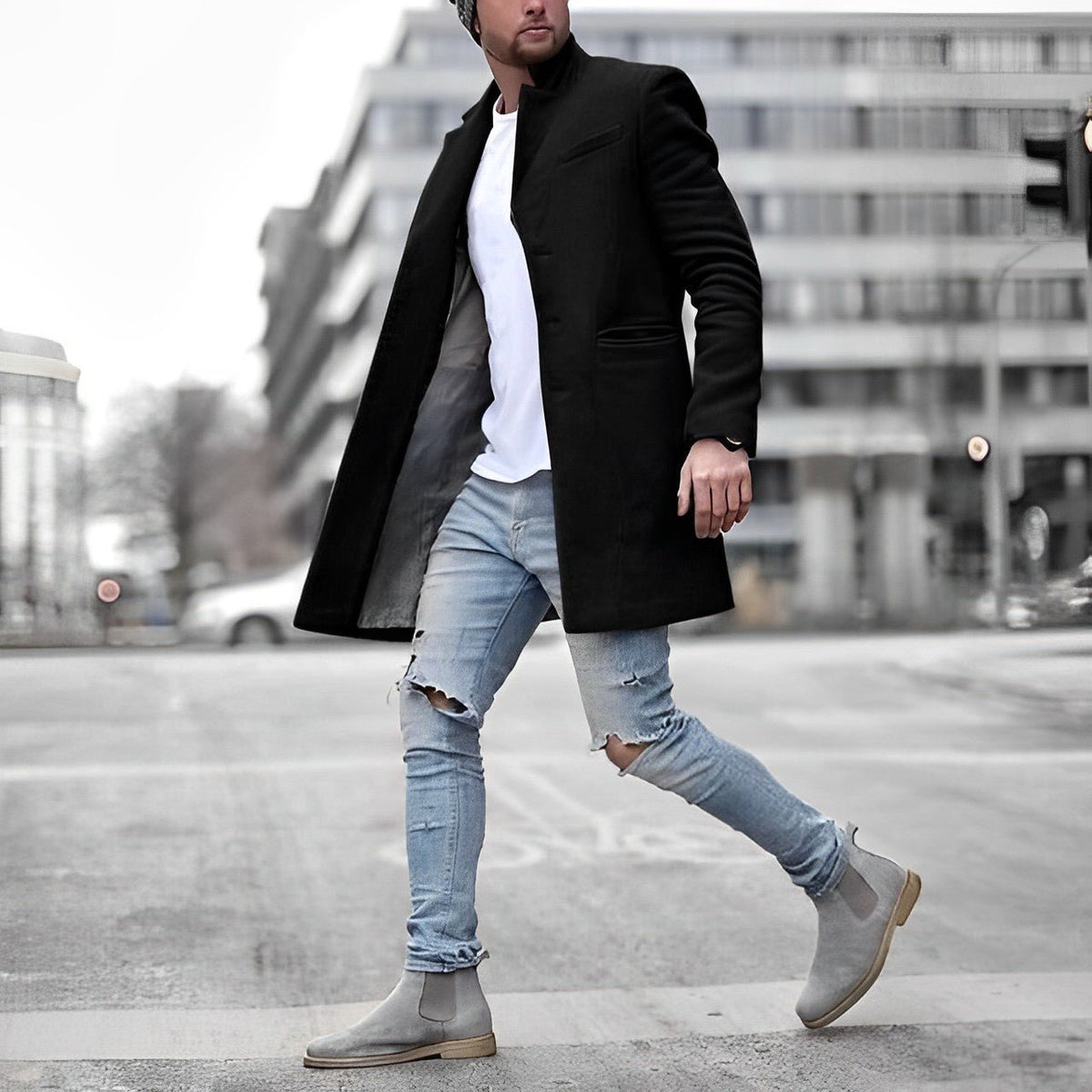 Men's Slim Wool Overcoat - Black