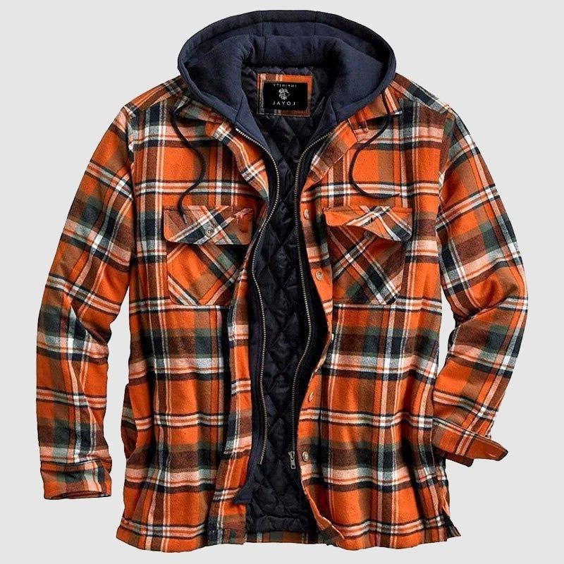 Men's Plaid Hooded Shacket - Orange