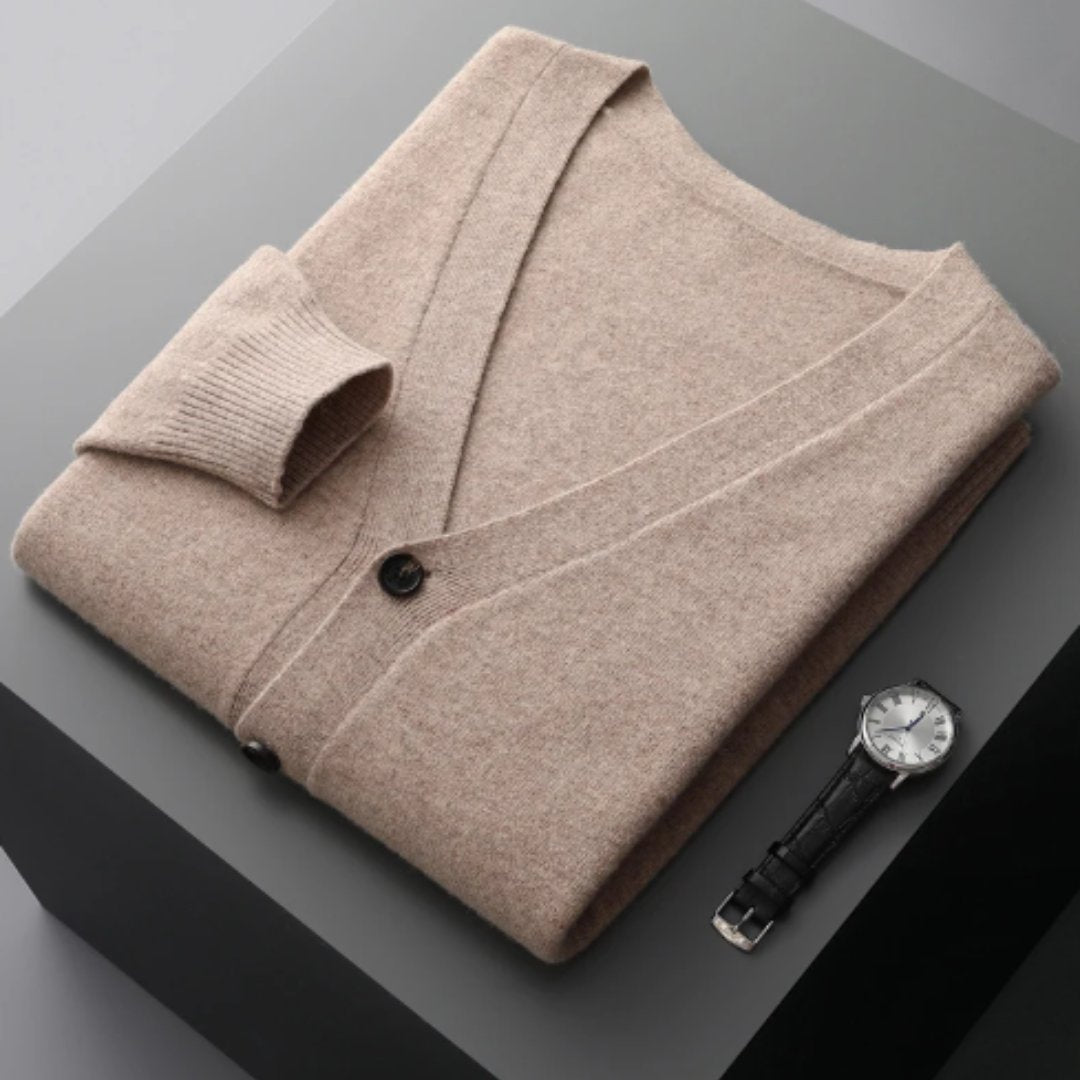 Men's V-Neck Wool Cardigan - Brown