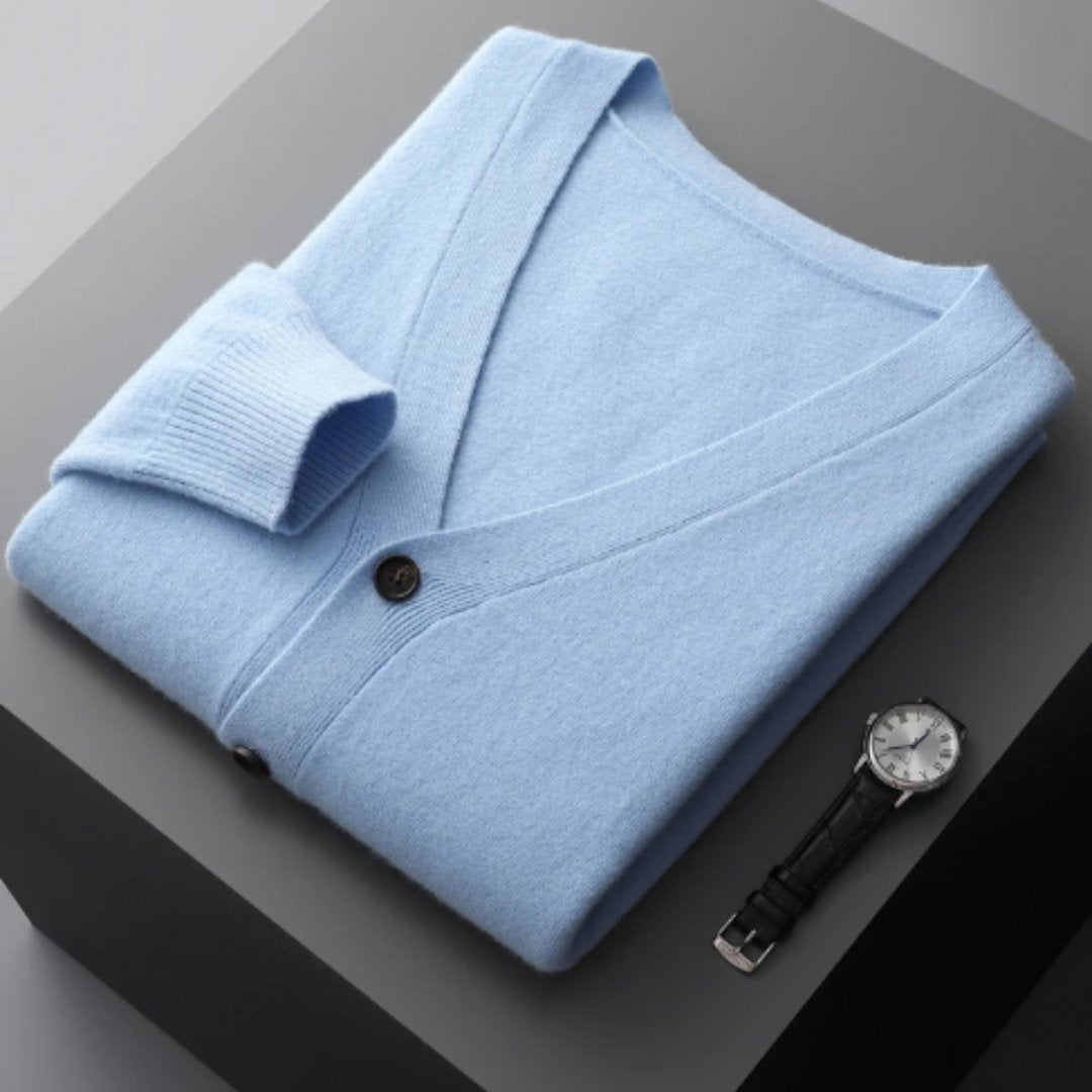 Men's V-Neck Wool Cardigan - Light Blue