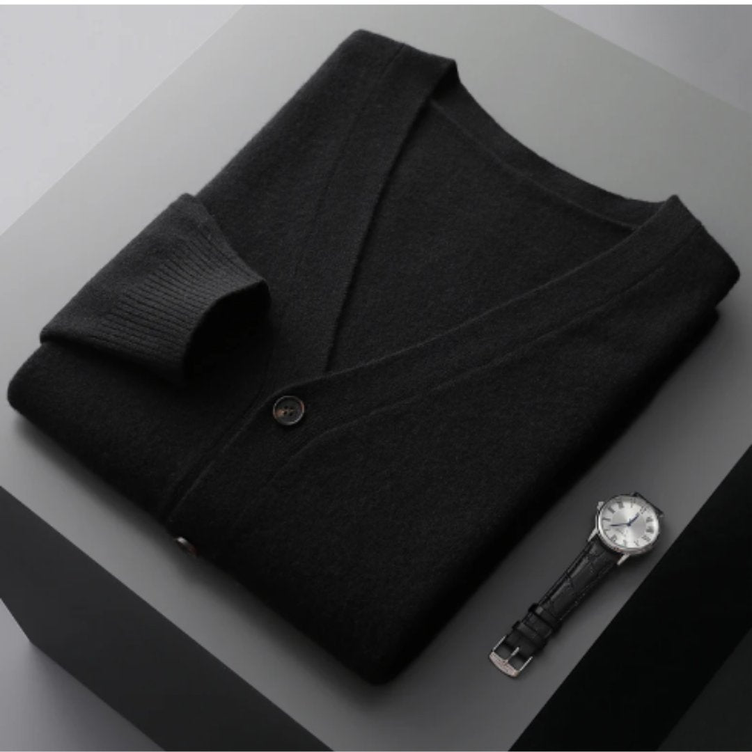 Men's V-Neck Wool Cardigan - Black