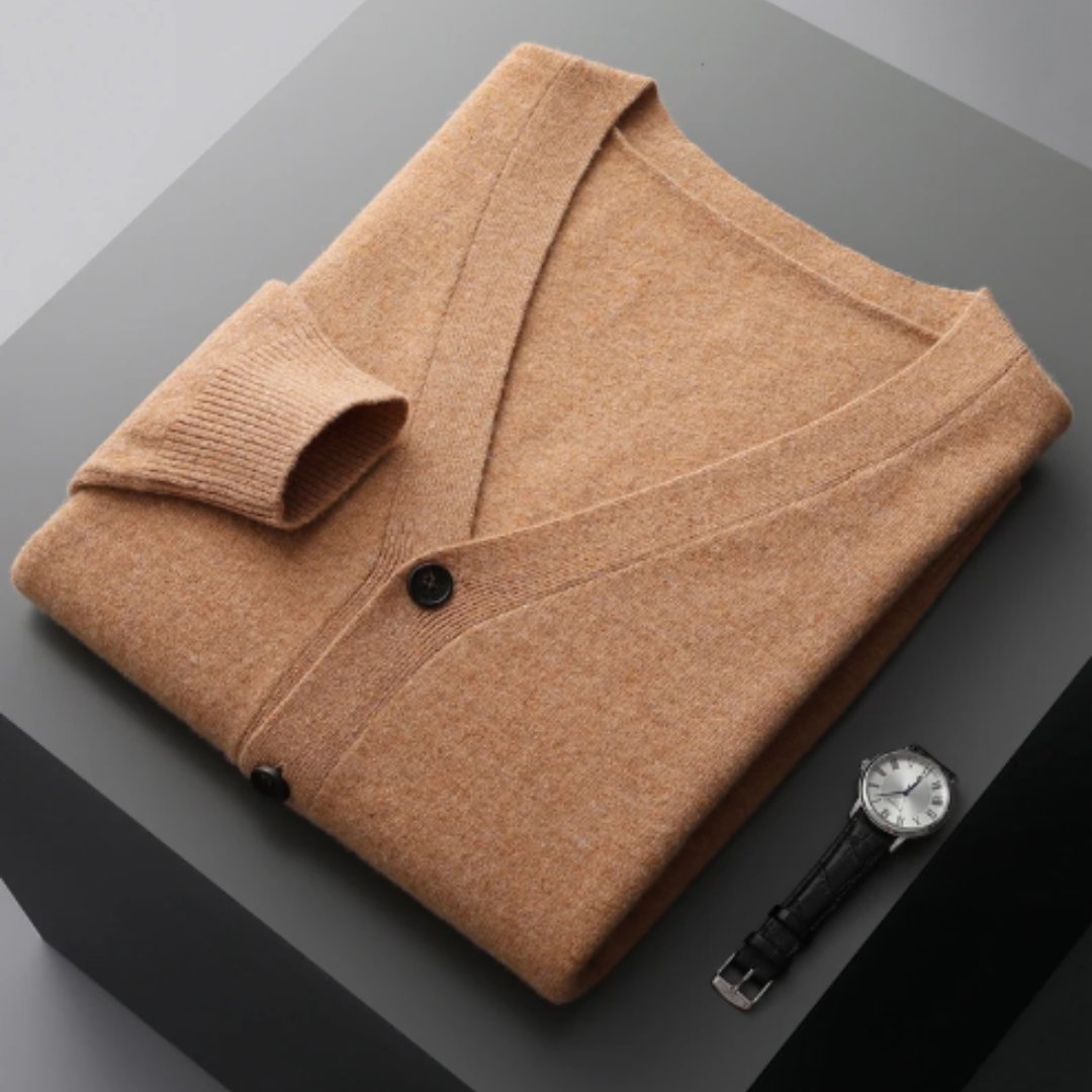 Men's V-Neck Wool Cardigan - Camel