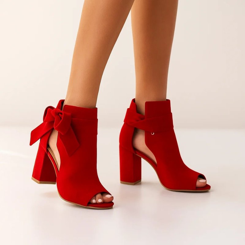 Women's Peep-Toe Faux Suede Booties - Red