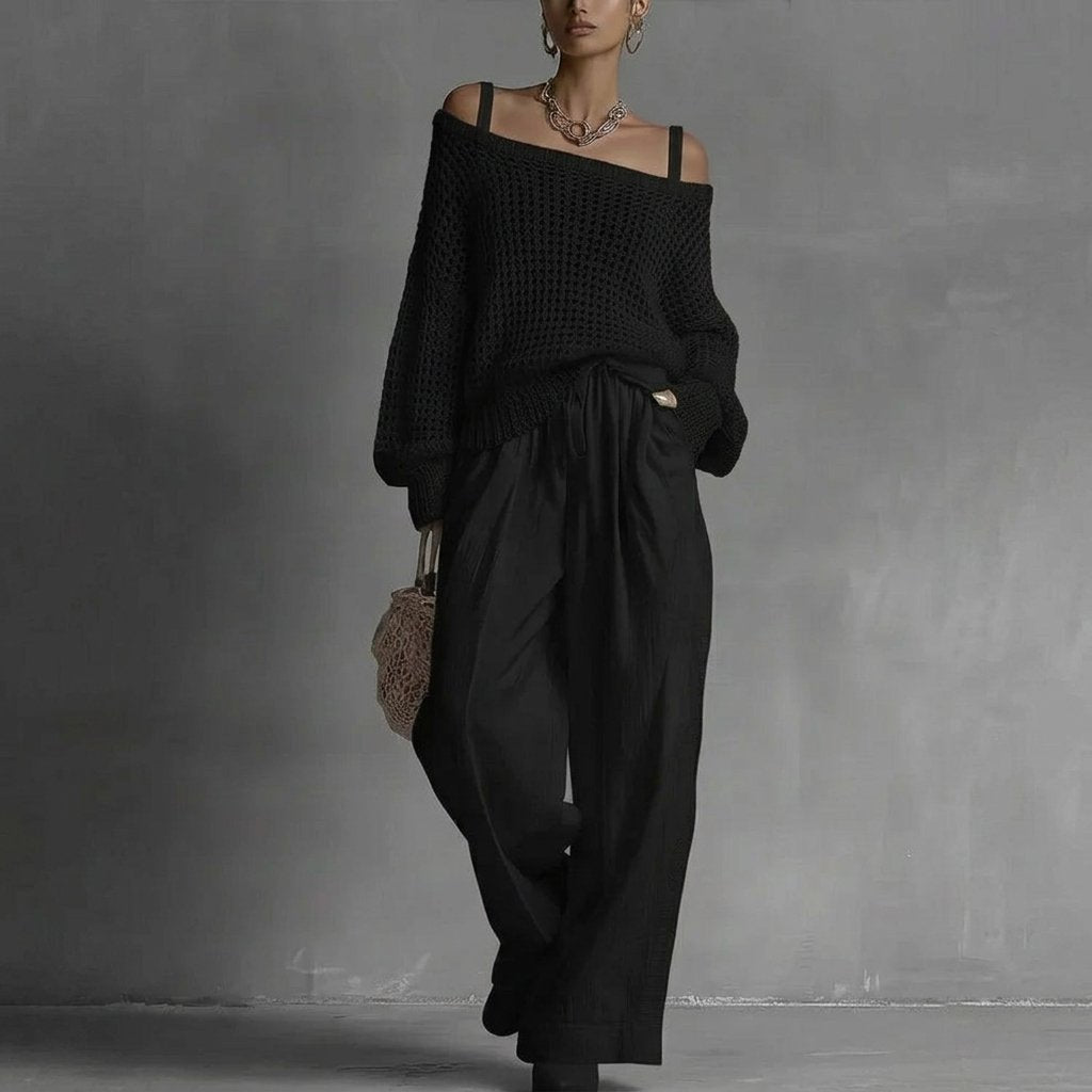 Women's Off-Shoulder Crochet Jumper - Black