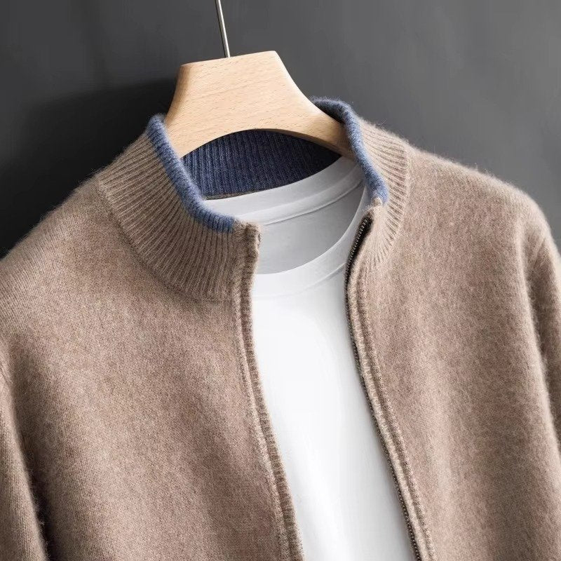 Men's Zip-Up Wool Cardigan - Camel