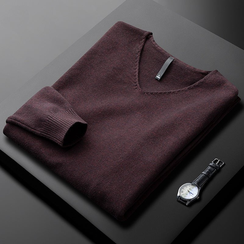 Men's V-Neck Wool Jumper - Burgundy