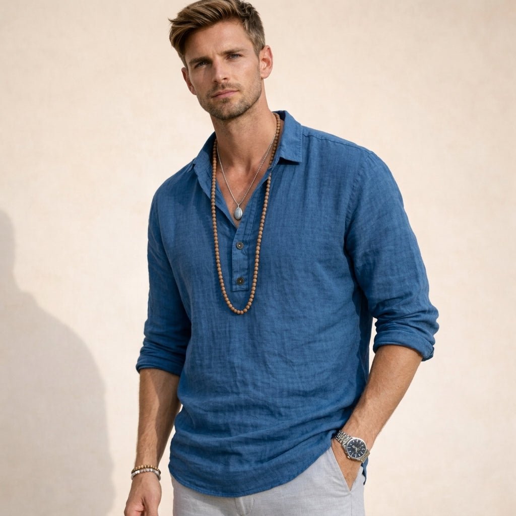 Men's Long Sleeve Vacation Shirt - Blue