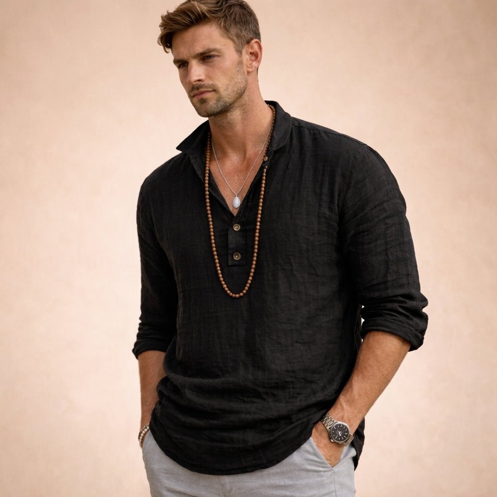 Men's Long Sleeve Vacation Shirt - Black