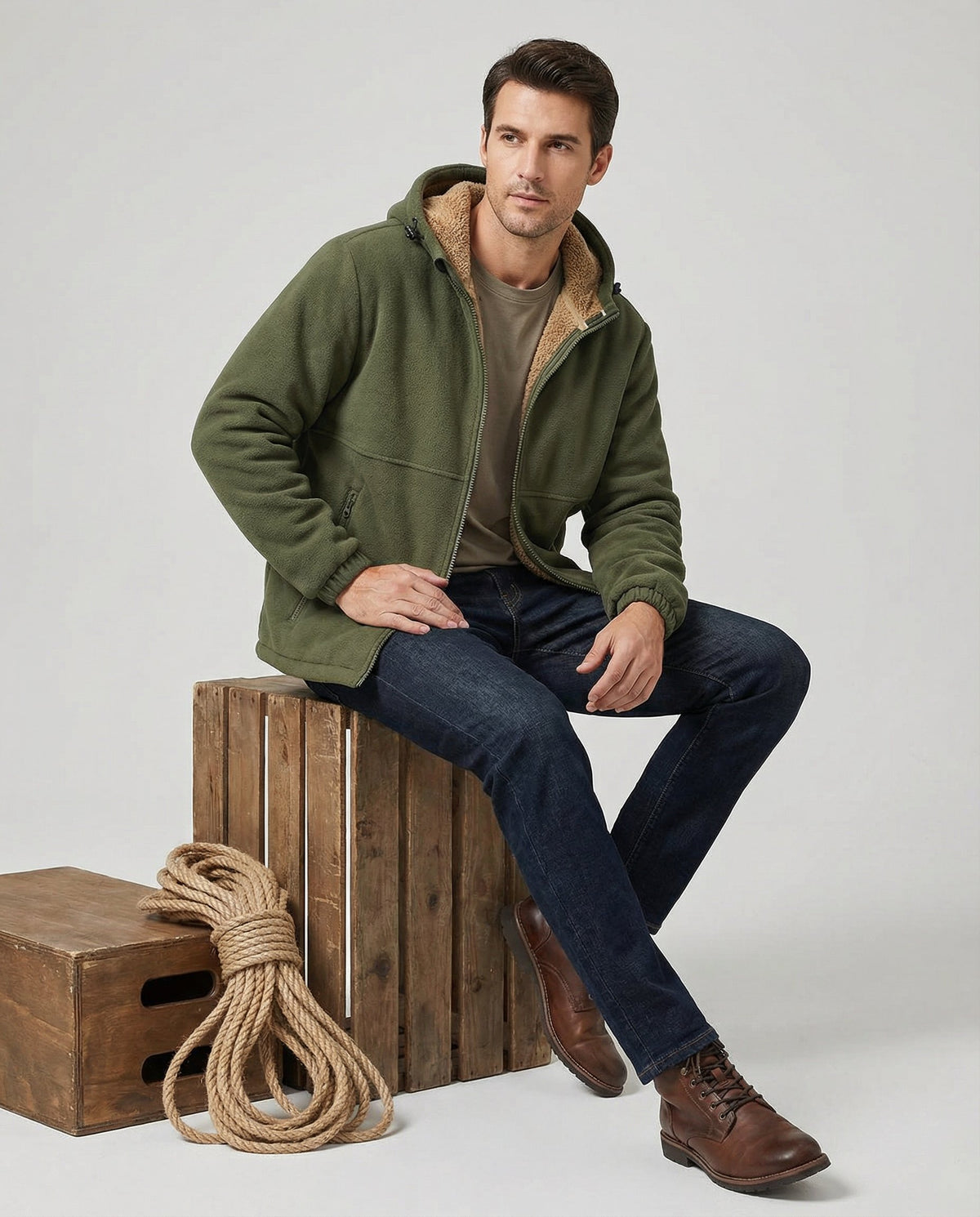 Men's Sherpa-Lined Hooded Fleece Jacket