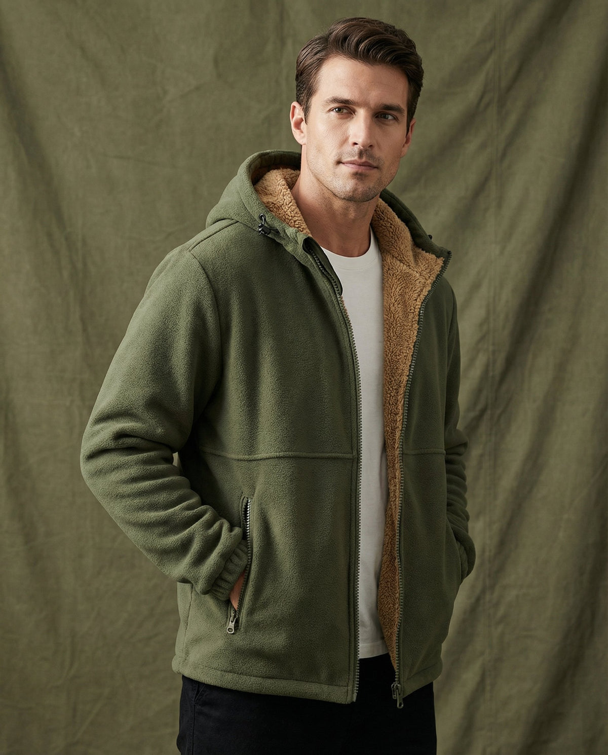 Men's Sherpa-Lined Hooded Fleece Jacket