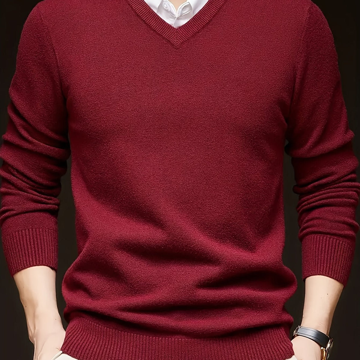 Men's Wool-Blend V-Neck Jumper - Burgundy
