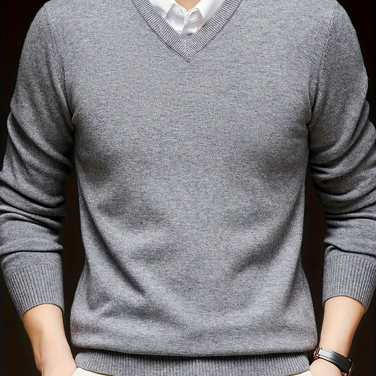 Men's Wool-Blend V-Neck Jumper - Grey