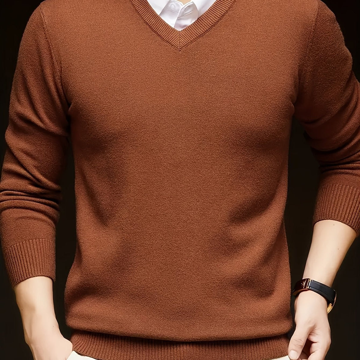 Men's Wool-Blend V-Neck Jumper - Chocolate
