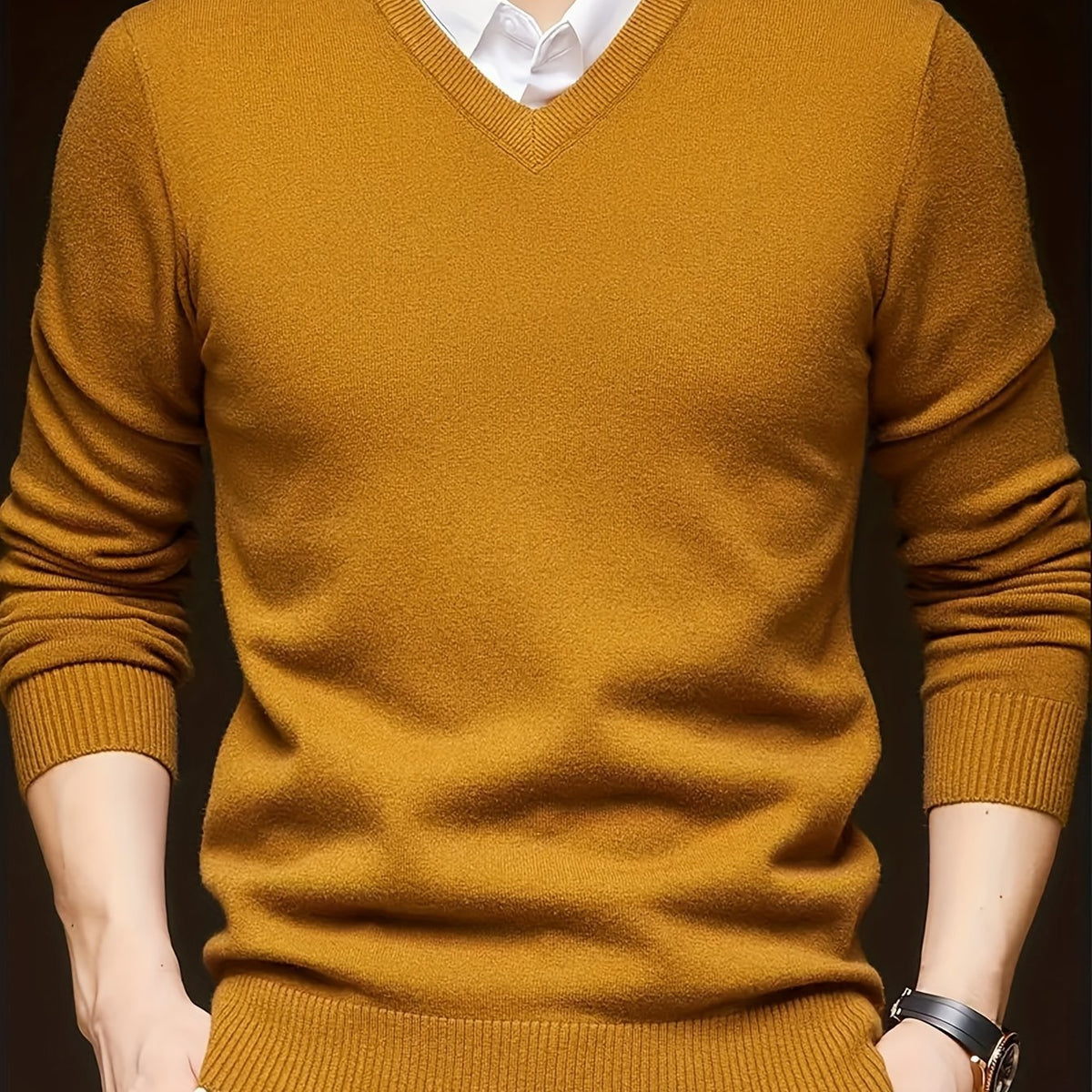 Men's Wool-Blend V-Neck Jumper - Orange Yellow