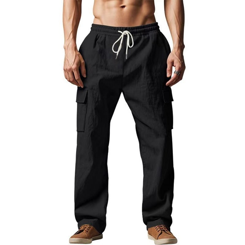 Men's Linen Blend Cargo Trousers - Black