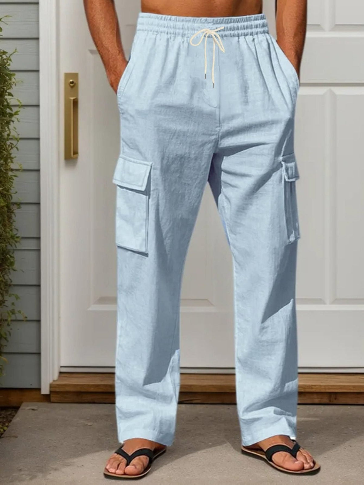 Men's Linen Blend Cargo Trousers - Light Blue